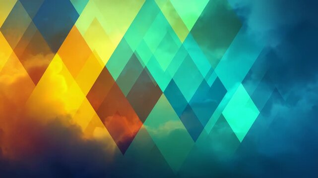 Transparent geometric diamond shapes layered over vivid orange and blue clouds, blending into a modern abstract design background concept