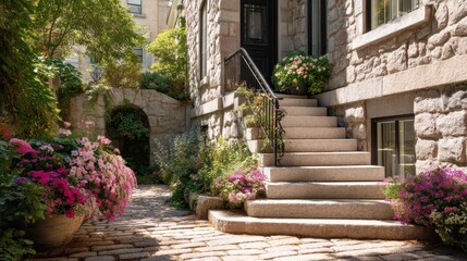 Fototapeta premium Elegant Stone Steps Leading to House Entrance Surrounded by Flowers