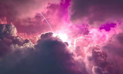 Dramatic pink storm clouds at dusk with sun rays and lightning bolts for a powerful visual - Powered by Adobe