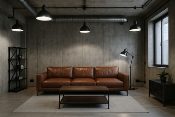 Modern industrial living room with leather sofa and minimalist decor showcases urban design aesthetic