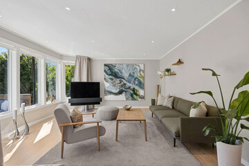 Modern luxury apartment interior in minimal scandinavian style, 3d rendering