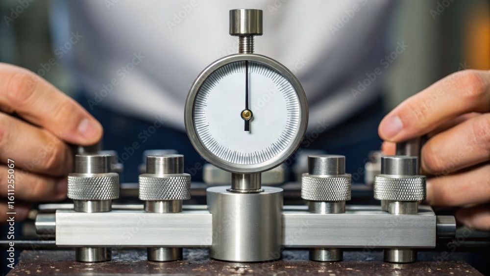 Poster close-up of a person adjusting a precision gauge with knobs, indicating a focus on measurement and c