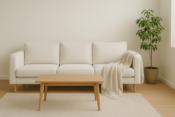 Modern living room with a light sofa and wooden coffee table in a minimalistic setting