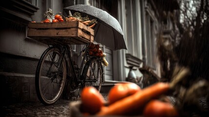 A vintage bicycle laden with fresh produce on a rainy day.