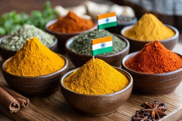 Colorful indian spices with indian flag representing rich culinary tradition