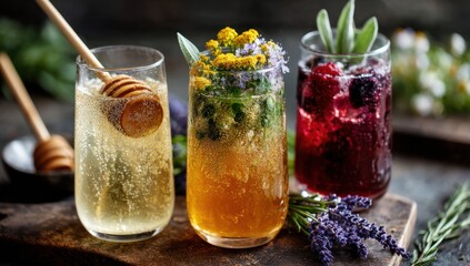 Three refreshing sparkling beverages with natural garnishes offer a delightful and visually appealing experience, perfect for celebrations or relaxing moments.