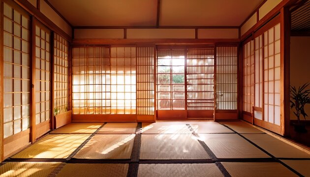warm sunlit japanese style room with tatami mats and sliding doors