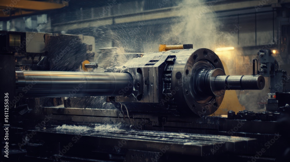 Poster industrial lathe machine in operation with spray in workshop