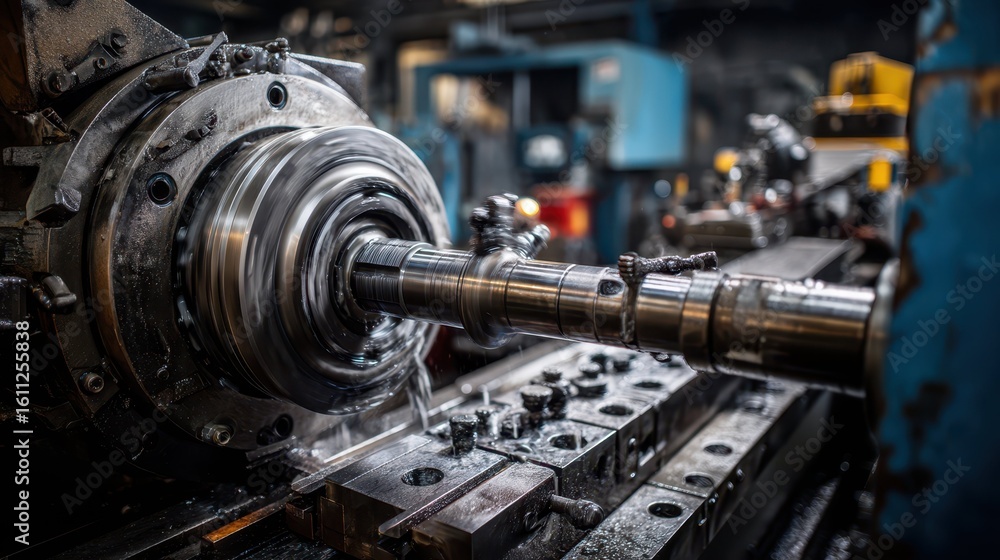 Poster industrial lathe machine in operation with precision engineering details