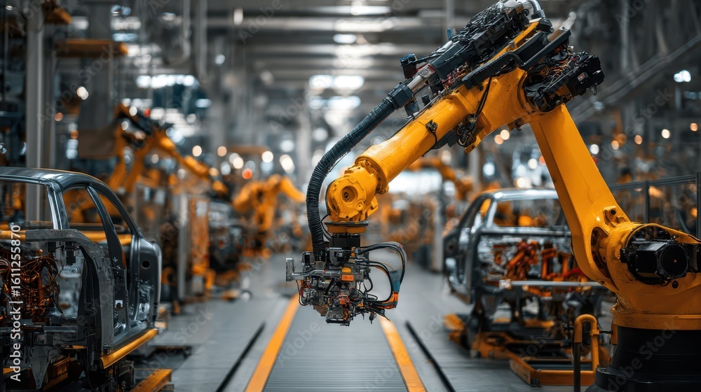 Poster advanced robot arm in automotive assembly line workflow