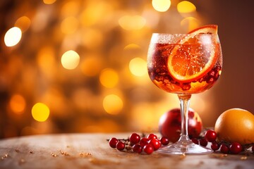 Festive christmas cocktail garnished with orange slice, cranberries, and soft bokeh background