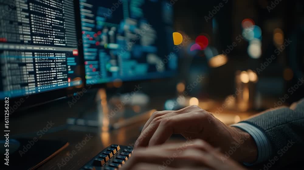 Poster close-up of hands typing on a keyboard in a dark tech environment