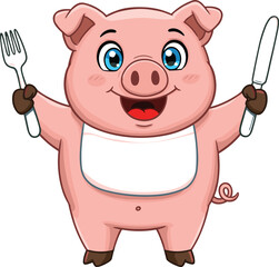 Cute cartoon pig with fork and knife smiling happily, ready to eat, funny food mascot character, vector illustration for design