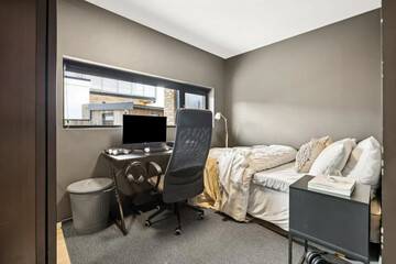 Modern luxury bedroom interior in minimal scandinavian style, 3d render