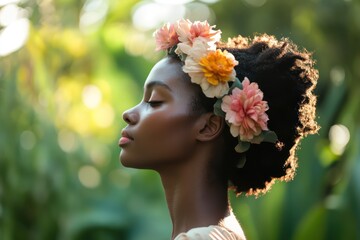 Obraz premium Peaceful Woman in Garden Wearing Floral Crown