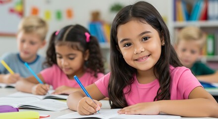 Smiling girl writing in classroom with diverse classmates learning