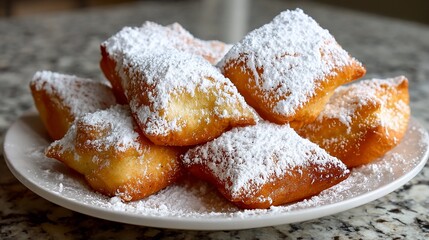Freshly fried beignets covered in powdered sugar on a white plate