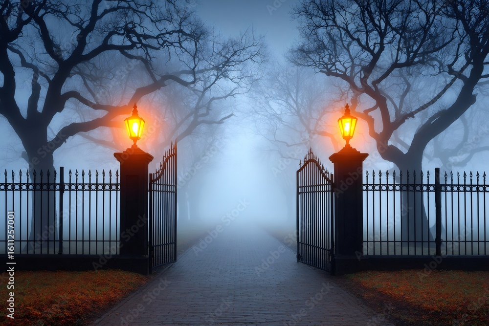Poster open gate with lanterns illuminating foggy path at dusk