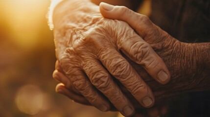 Fototapeta premium Intimate moment of elderly wrinkled hands clasped together in warm golden sunlight showing age wisdom and human connection