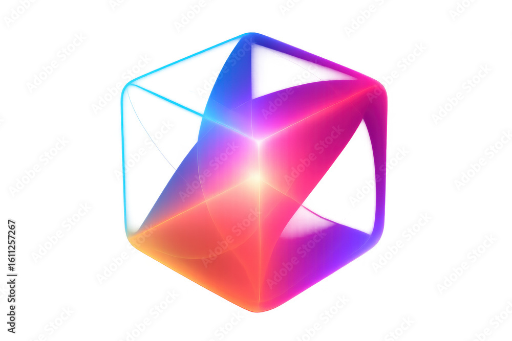 Poster luminous geometric cube morphing with translucent gradient, blending radiant colors, casting dynamic
