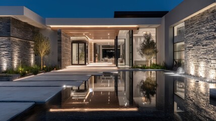 Fototapeta premium Sleek Contemporary Luxury Entranceway to Modern House at Night
