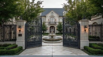 Obraz premium Elegant Mansion Entrance with Large Gate and Scenic Fountain