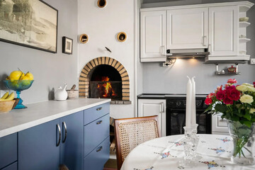 Modern luxury kitchen interior in minimal scandinavian style, 3d render
