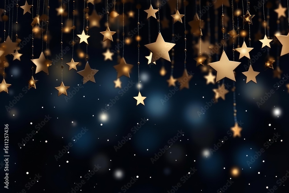 Poster golden stars hanging on strings create a magical and festive atmosphere against a dark blue bokeh ba