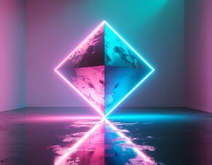 Luminous diamond-shaped abstract portal with pink and cyan neon lights reflecting on a glossy floor in a futuristic, empty room.