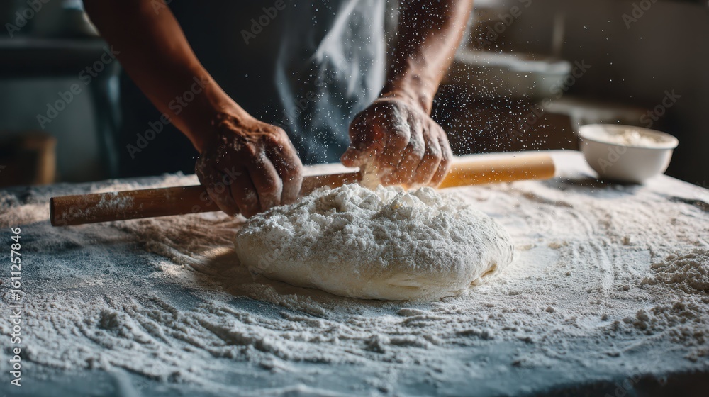 Poster making pizza dough with flour on a table in a kitchen setting