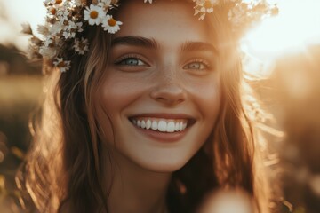 Fototapeta premium Woman in Floral Crown Basking in Golden Sunlight