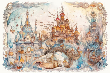 Fototapeta premium A magical watercolor illustration of a fairytale city with fantastic castles, domes and towers connected by aerial bridges. 