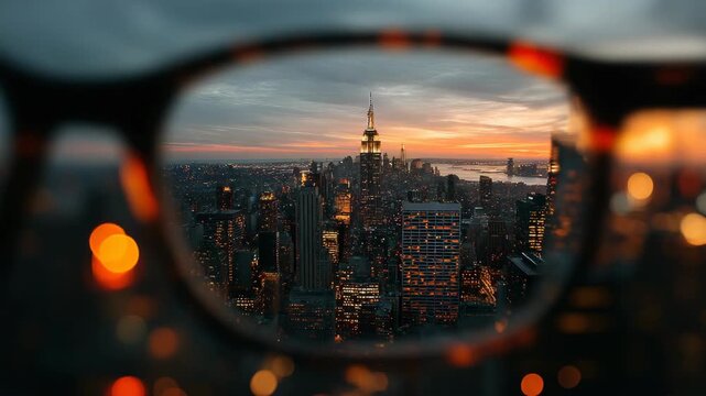Urban cityscape with iconic skyscrapers seen through eyeglasses, realistic photo style, sunset sky background, concept of clarity and perspective