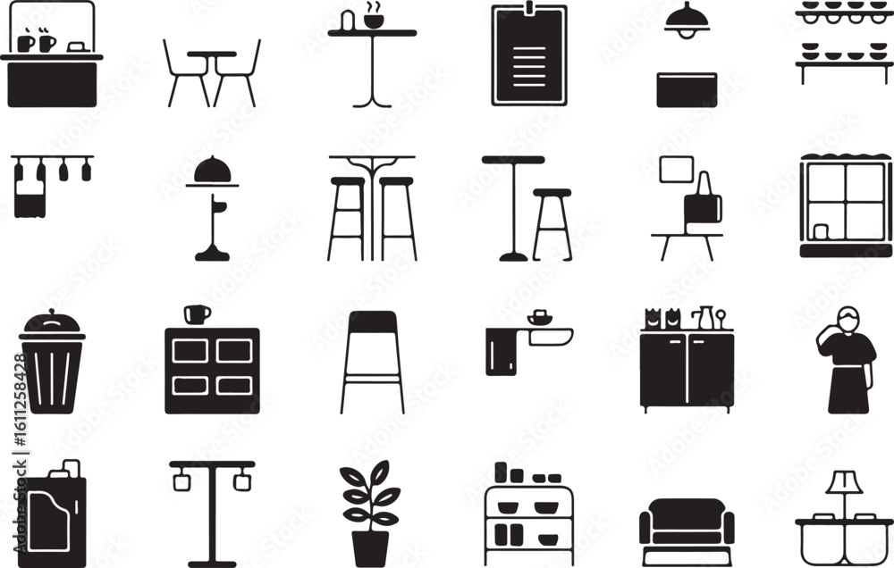 Poster versatile icon set featuring a distinctive silhouette design in multiple colors and styles