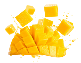  “Floating Mango Slices with Splash Effect, isolated on transparent background”.