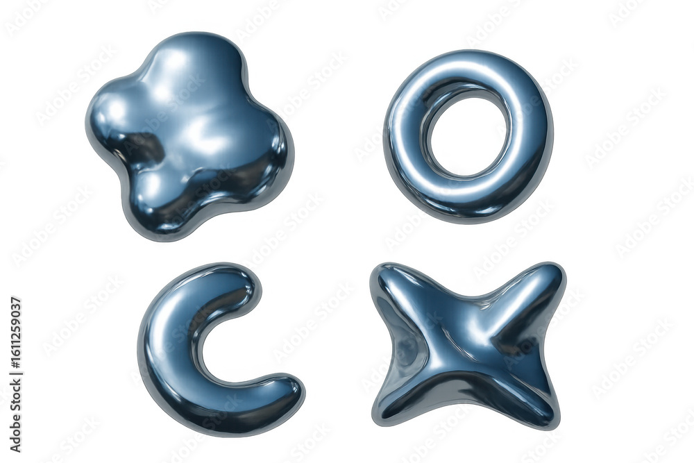 Poster 3d rendering of four abstract metallic shapes floating on a transparent background, creating a moder