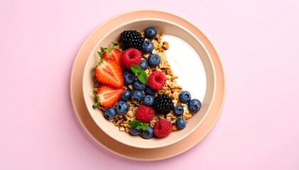 Healthy breakfast bowl with granola, yogurt, and fresh mixed berries. A top-down view of a wholesome meal on a pink background.