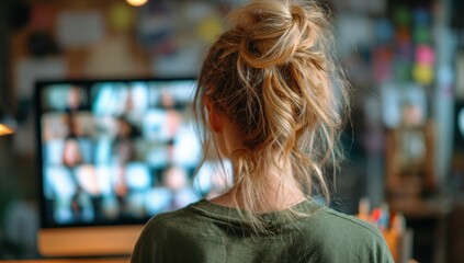 A woman with a messy bun attends a virtual meeting on a large screen, showcasing the modern era of remote communication and digital connectivity.
