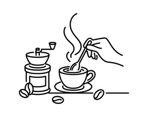 Minimalist Coffee Illustration with Hand Stirring Hot Drink and Vintage Grinder Promoting Relaxation and Warm Beverages