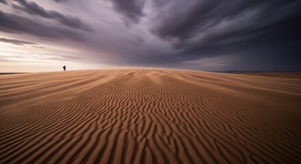Naklejka premium Solitary Figure on Windswept Desert Dunes under Dramatic Sky Landscape Photography