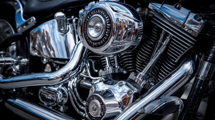 Fototapeta premium Detailed Close-Up of Exposed Motorcycle Engine with Chrome Finish