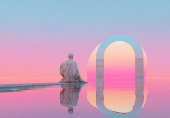 Vaporwave statue with gradient sunset background