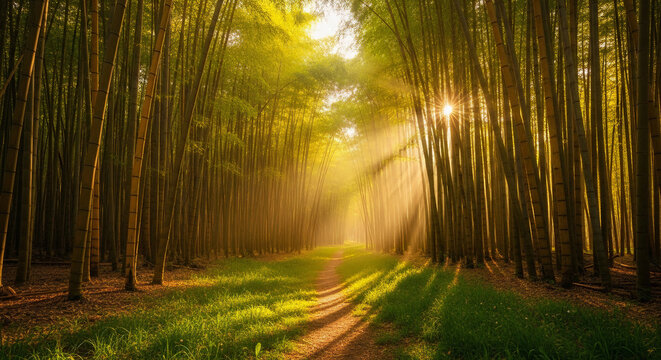 A lush forest of golden yellow bamboo trees in spring