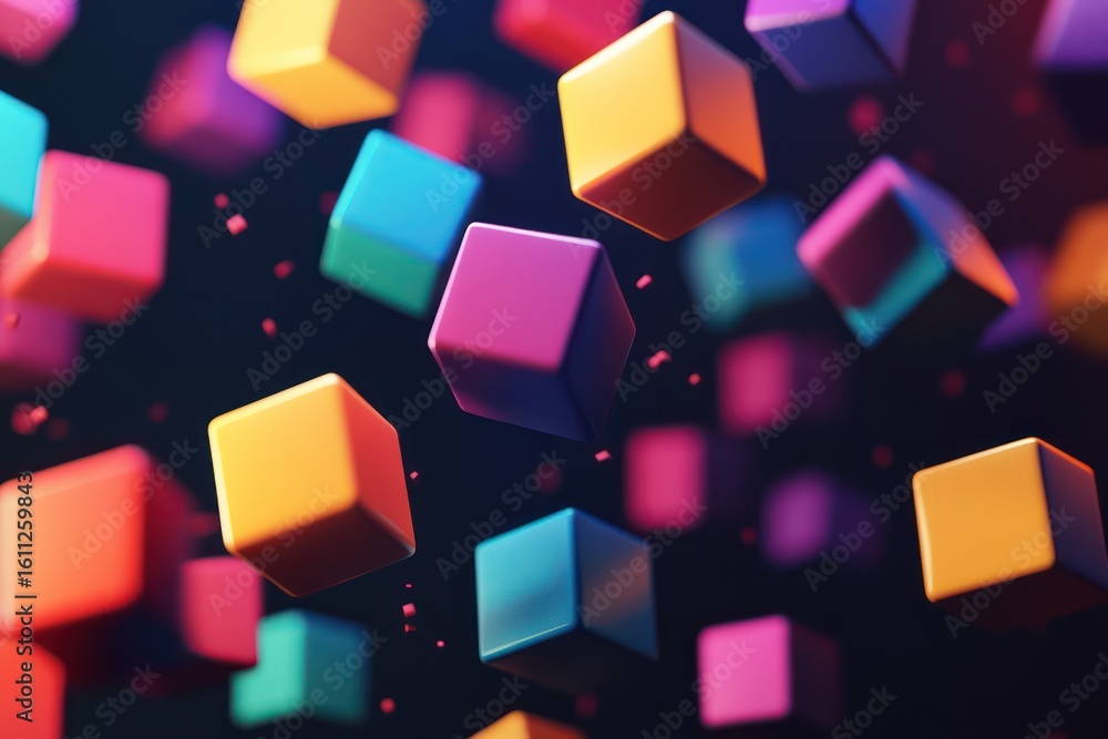 Poster abstract colorful cubes floating in dark digital space