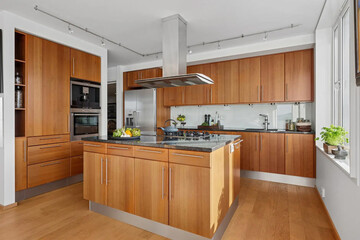 Modern luxury kitchen interior in minimal scandinavian style, 3d render