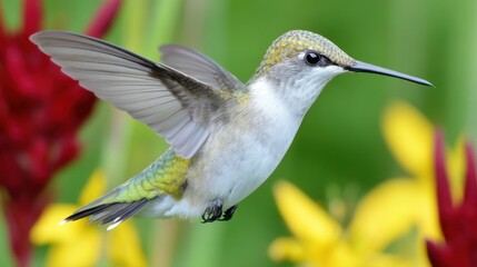 Naklejka premium Hummingbird feeding on vibrant flowers garden wildlife photography colorful environment close-up view nature's beauty