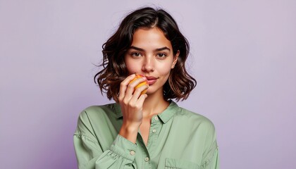 A lovely woman with a pleasant expression enjoys a healthy fruit snack, showcasing natural beauty and a simple lifestyle on a lavender backdrop.
