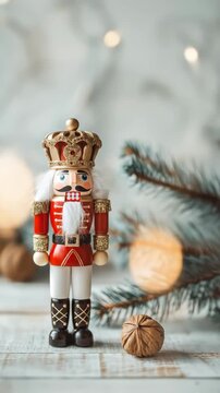 Christmas nutcracker with gold crown and walnuts on wooden table. Holiday decoration concept