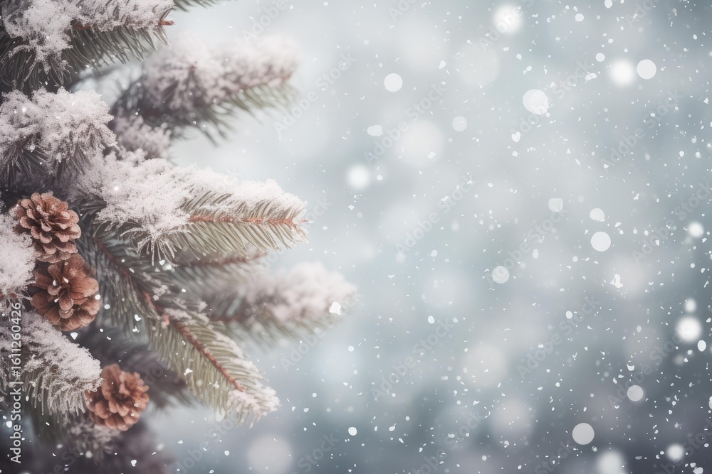 Poster snow is gently falling on pine tree branches covered in white, creating a magical winter wonderland 