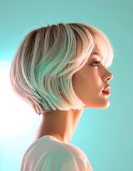 Profile portrait of a beautiful woman with a stylish platinum blonde bob haircut under futuristic turquoise studio light